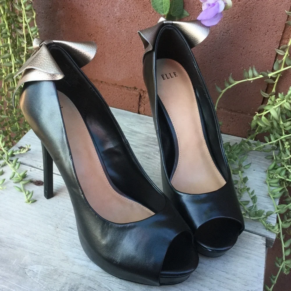 Elle Women's Shoes Leather Pump Black Platform Heels Leather size 9.5